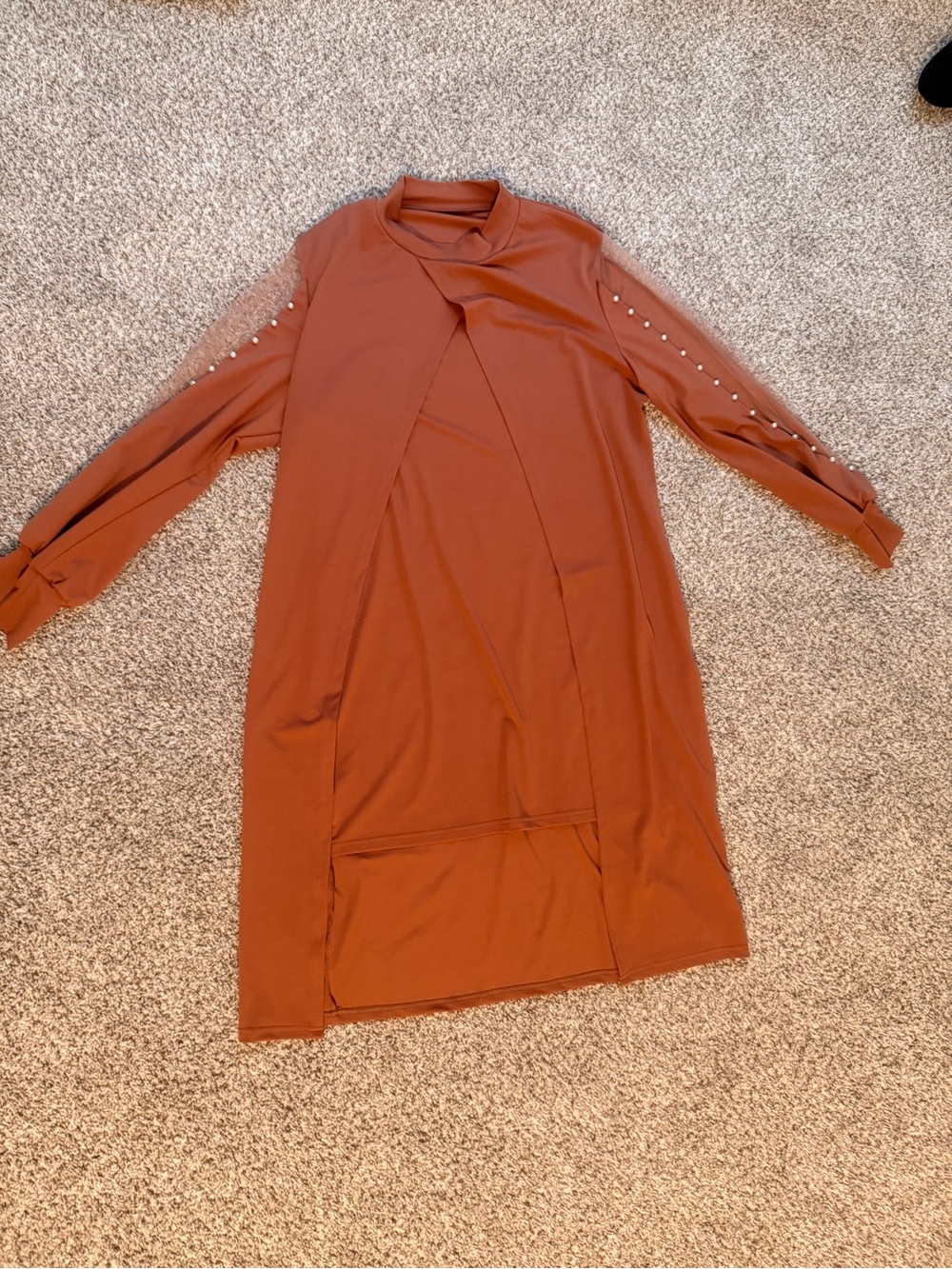 Rust Long Sleeve Tunic Dress with Pearl Detail